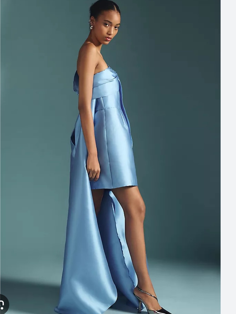 Hutch One-Shoulder Bow Train High-Low Dress in Blue